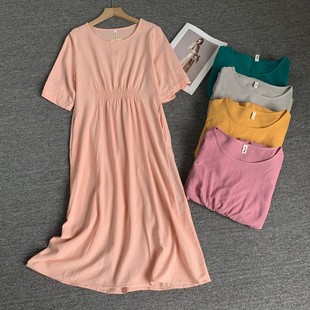 日系文艺范棉麻中袖连衣裙女夏季气质a字收腰显瘦中长款纯色长裙