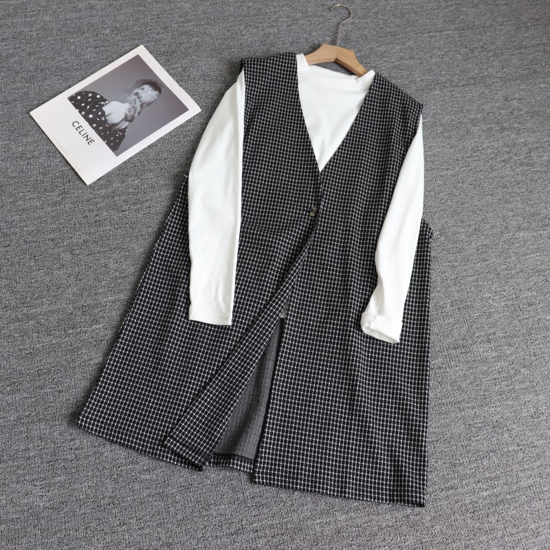 外贸日单女装V领马甲中长款女秋季新款简约时尚外搭长款上衣