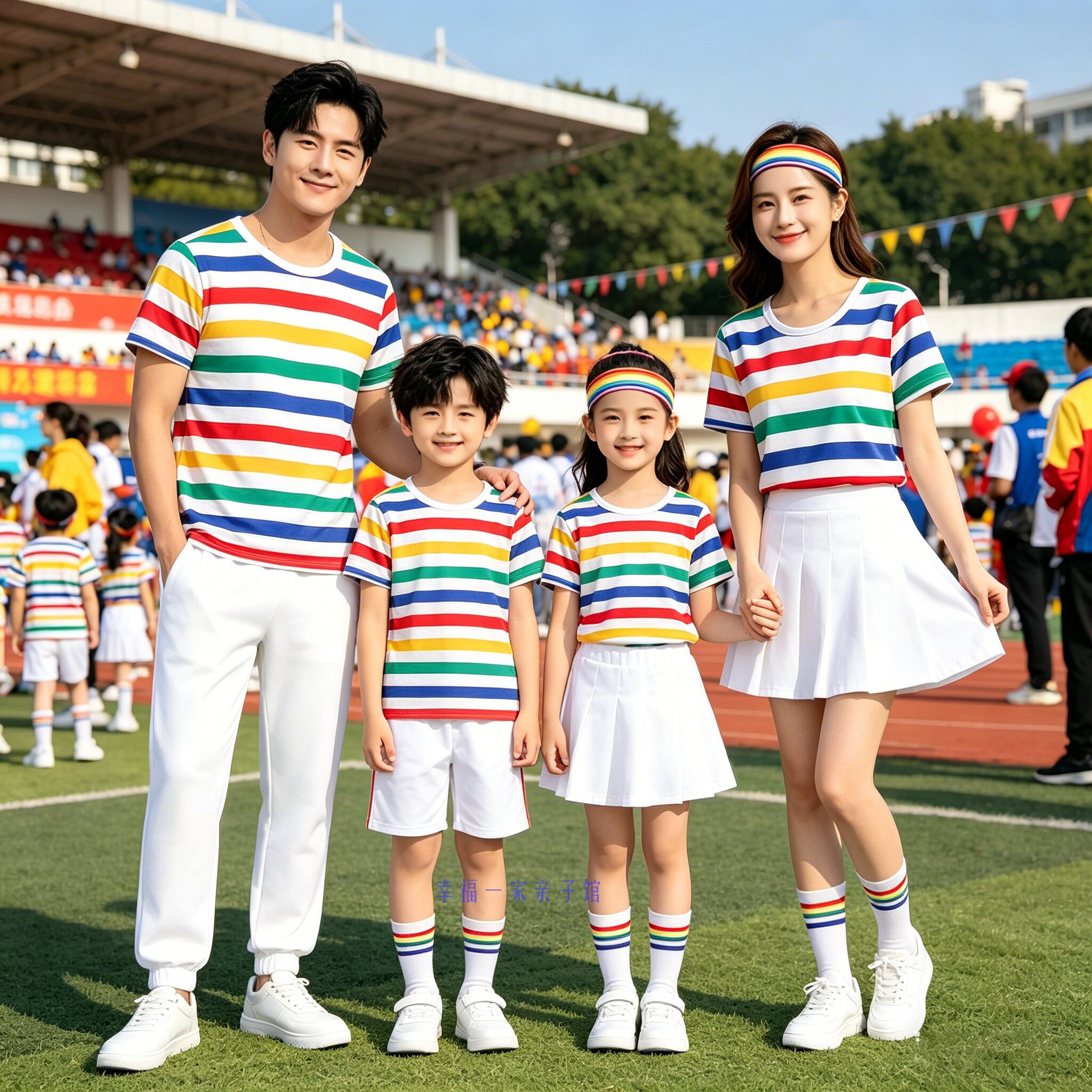 彩虹条纹短袖亲子装中小学生毕业季幼儿园61儿童节舞台表演服套装