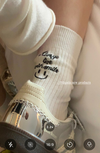 “荔枝奶酪”袜子女纯棉中筒堆堆刺绣黑白灰色复古袜子百搭舒适透