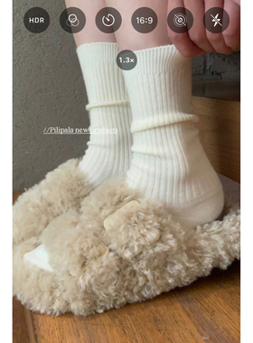 “粉橘色的天空”秋冬保暖厚奶白色袜子女中长筒堆堆袜羊绒毛质感