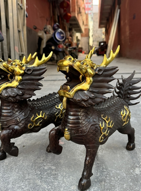 铜麒麟一对火麒麟双角神兽摆件