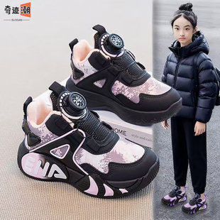 女童鞋子冬季2025新款加绒保暖二棉运动鞋女孩皮面防水儿童跑步鞋