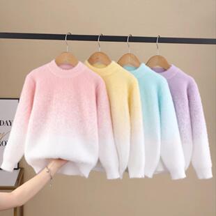 秋冬渐变水貂绒中大小童男童女童毛衣新款儿童洋气圆领色保暖上衣