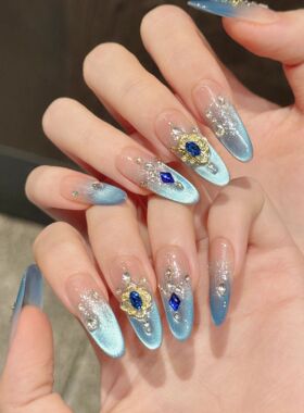 古巴比伦蓝宝石高级感仙女款k9堆钻轻奢风猫眼千金名媛手工穿戴甲