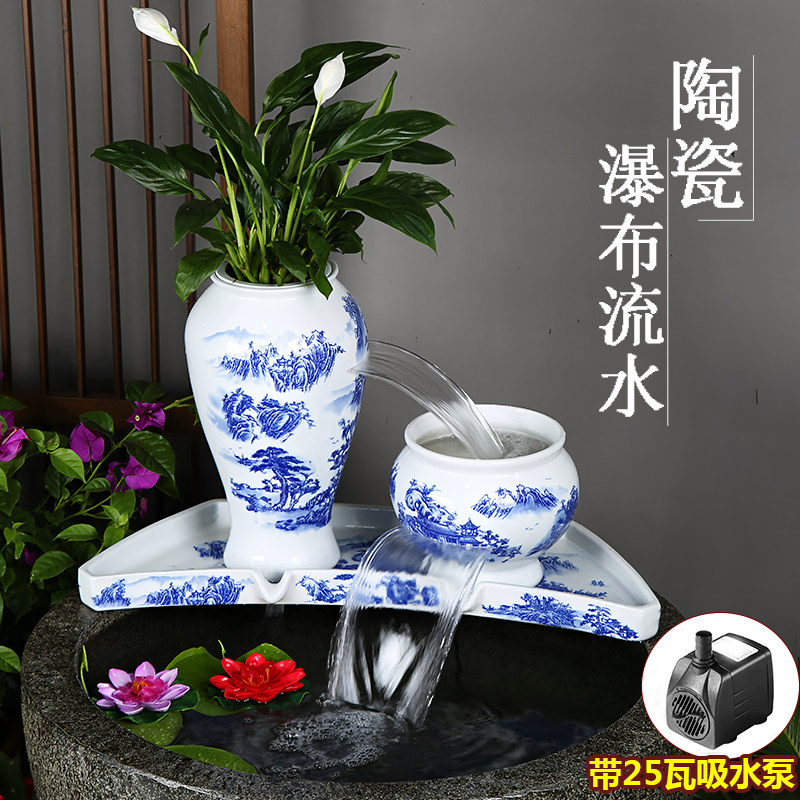 瀑布罐流水摆件增氧陶瓷鱼缸配件加湿过滤器大型古法生态循环水系