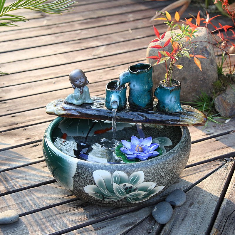 景德镇陶瓷流水鱼缸禅意装饰乔迁风水摆件增氧加湿配件喷泉造景盆