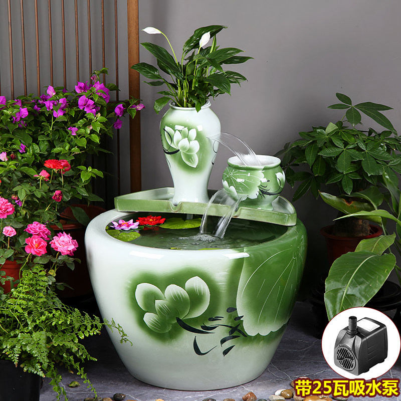 瀑布罐流水养鱼缸组合陶瓷蓄水缸古法玄关增氧配件过滤室内加湿器