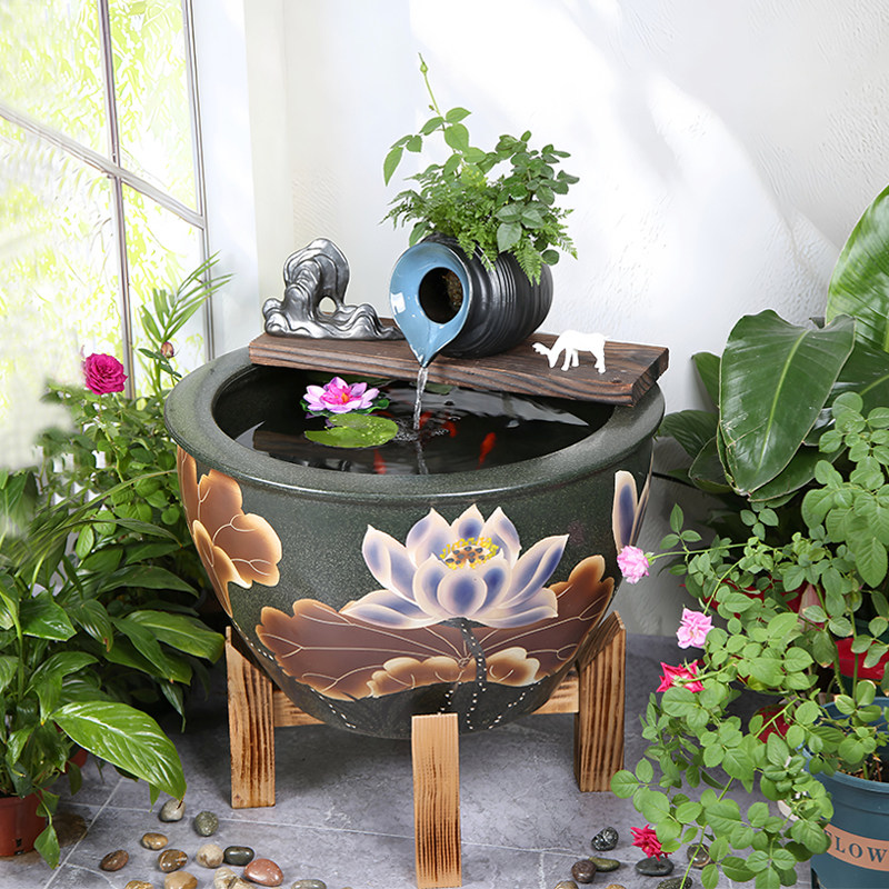 流水循环落地水缸实木座大型落地老式荷花缸过滤器古法加湿睡莲缸
