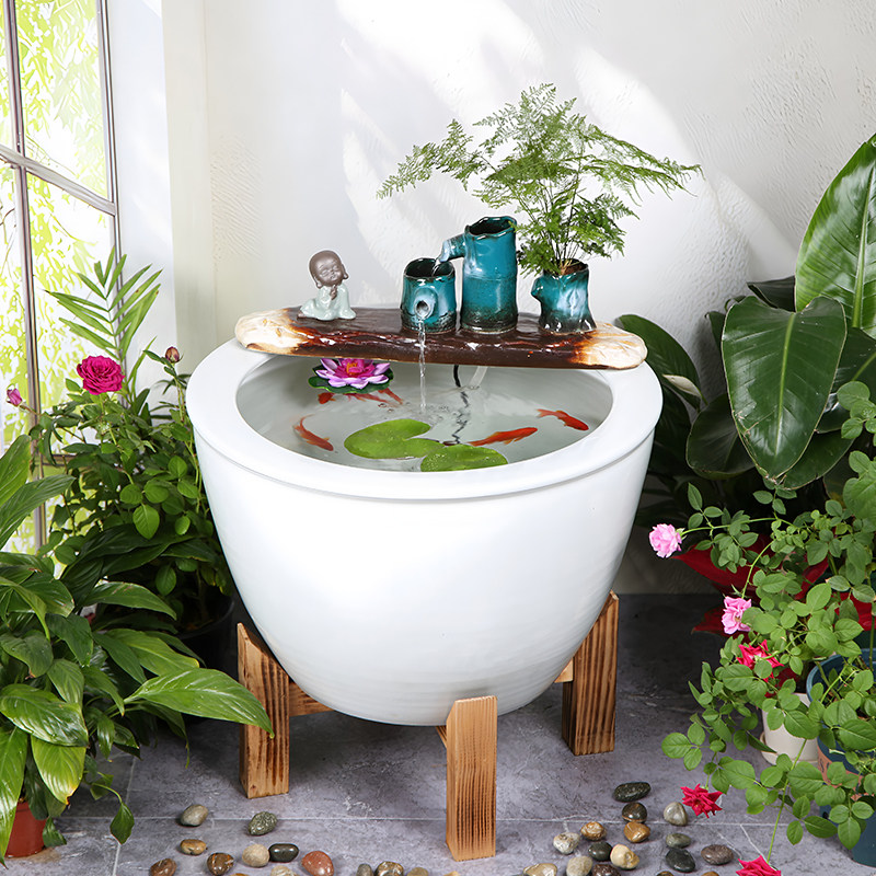 流水循环景德镇陶瓷鱼缸大型落地公司招财风水缸客厅造景观加湿盆