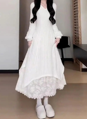 长袖针织连衣裙女秋冬季新款小个子气质收腰显瘦超好看法式长裙子
