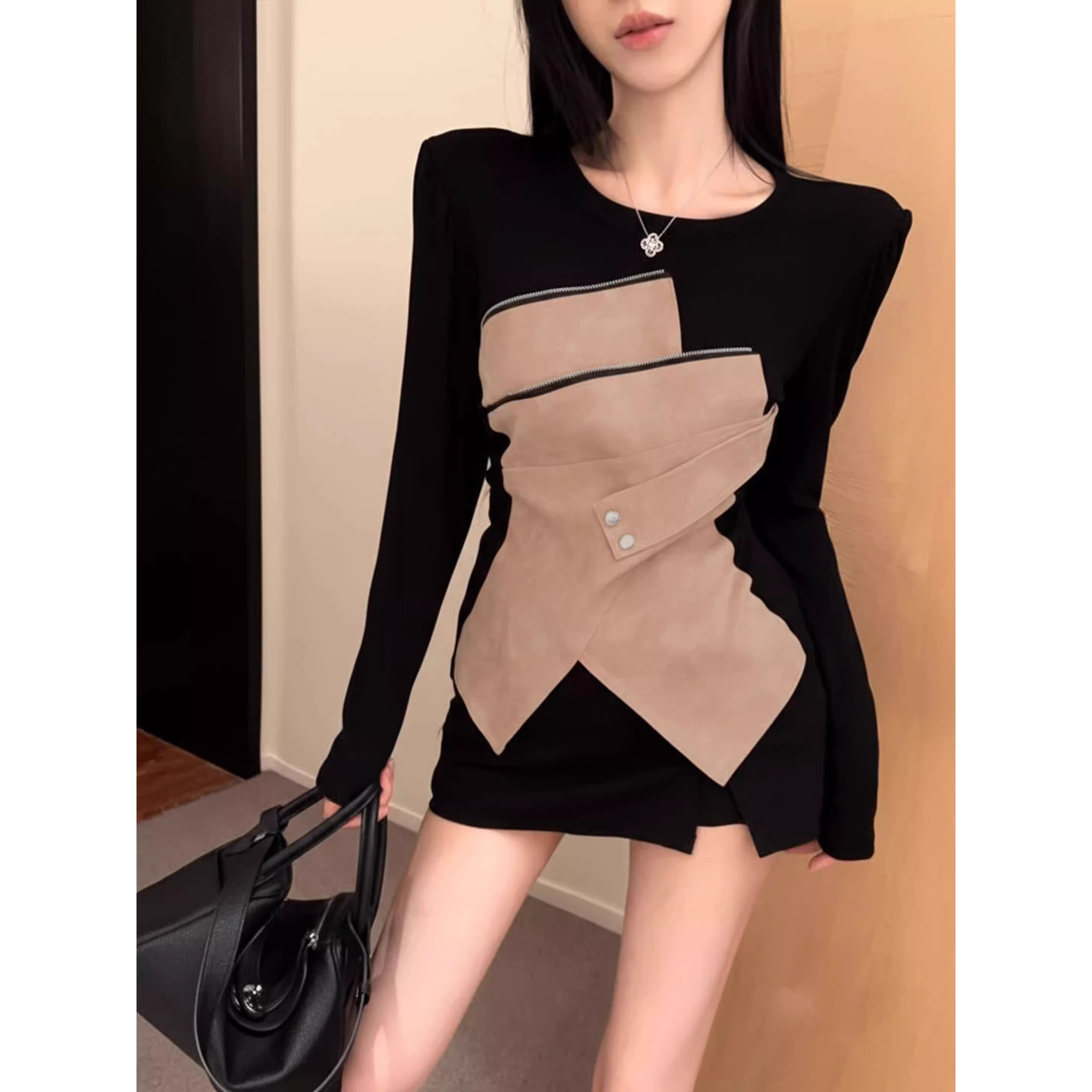 不规则假两件长袖t恤女春季美式辣妹垫肩上衣打底衫内搭chic别致,女装/女士精品,T恤,淘宝优惠券,粉丝福利购,淘宝优惠卷