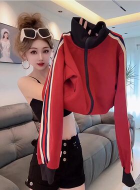 欧货秋冬新款撞色立领拉链短款外套女宽松洋气百搭显瘦夹克上衣潮