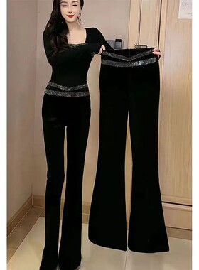 黑色亮钻加绒丝绒微喇裤女2025秋冬新款显瘦时尚洋气气质高腰裤子