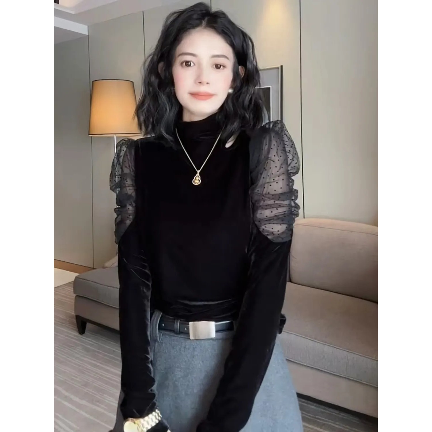 欧货黑色高领丝绒衬衫女秋冬新款