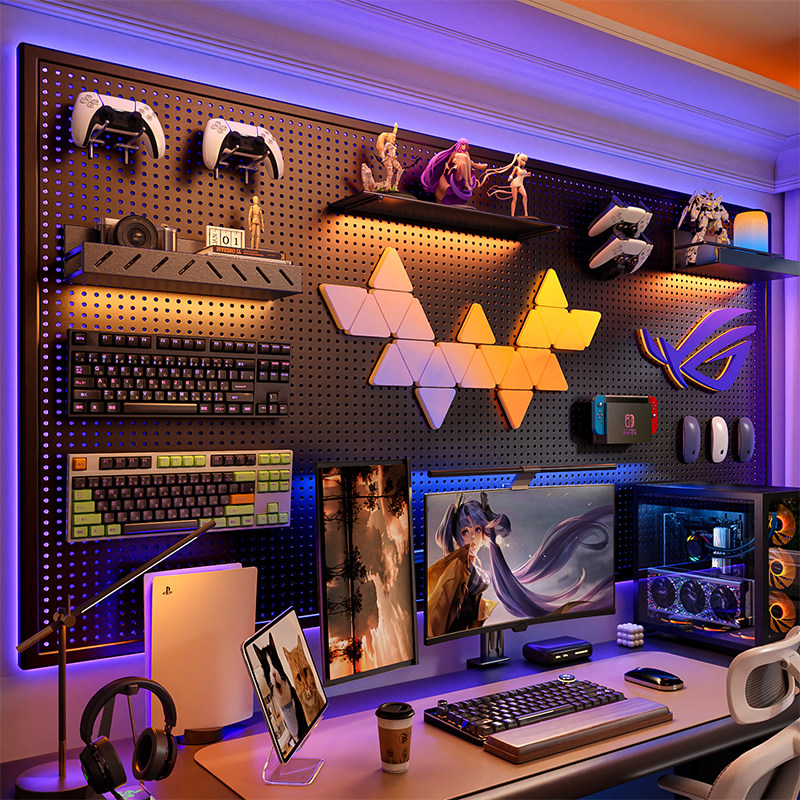 电竞房洞洞板置物架黑色墙上电脑桌墙面收纳氛围灯装饰耳机展示架
