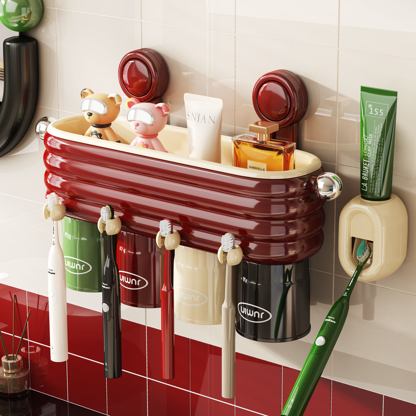 电动牙刷牙膏收纳置物架壁挂式免打孔磁吸式漱口杯子2025新款