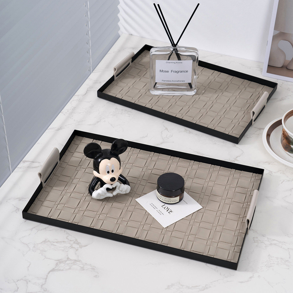 轻奢皮革纹编织纹金属香薰托盘桌面化妆品玄关钥匙收纳盘软装饰品,收纳整理,收纳盘,淘宝优惠券,粉丝福利购,淘宝优惠卷