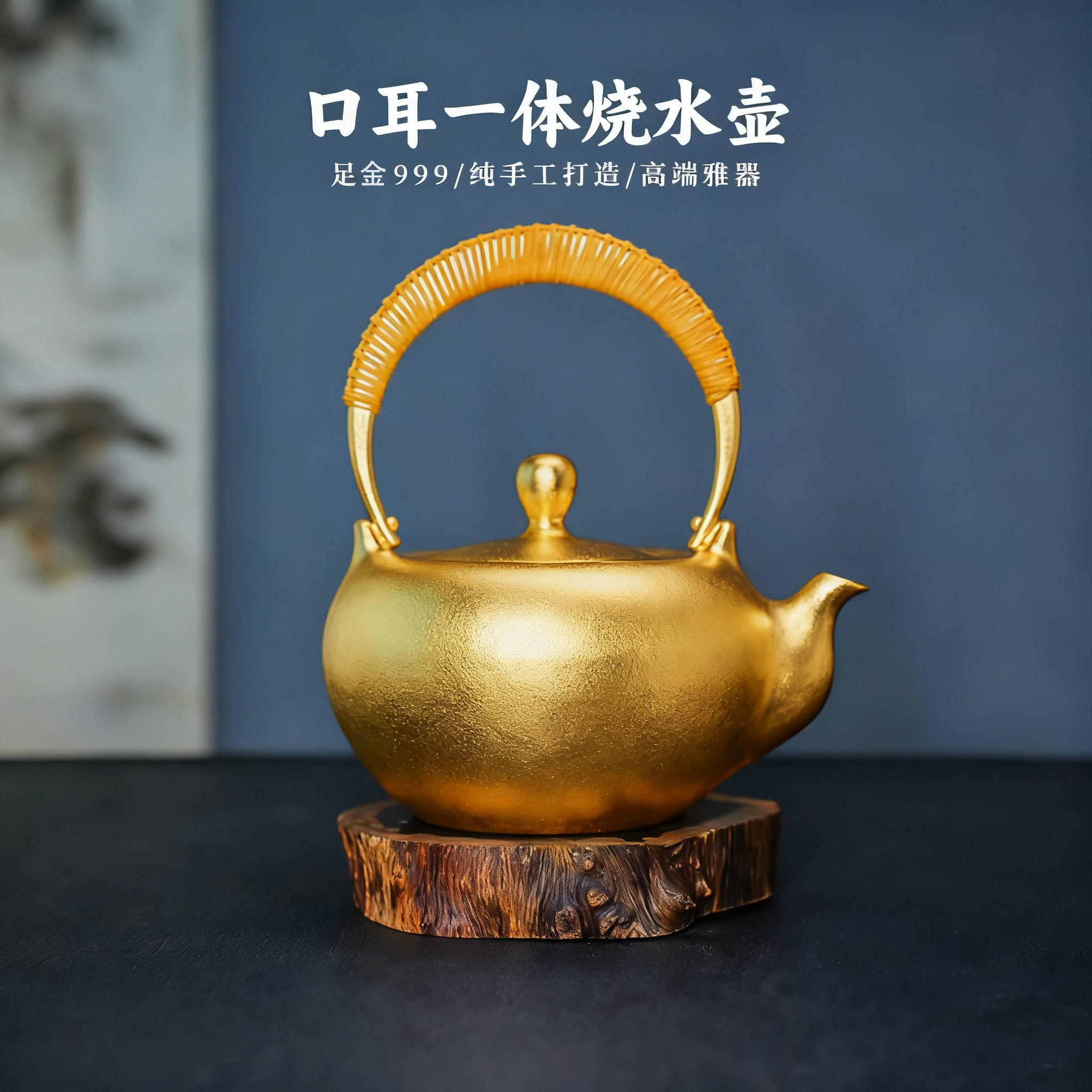 义清堂纯手工黄金口耳一体茶壶