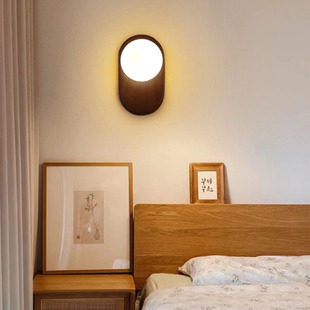 复古简约床头壁灯客厅过道玄关实木日式卧室壁灯侘寂风带拉线开关