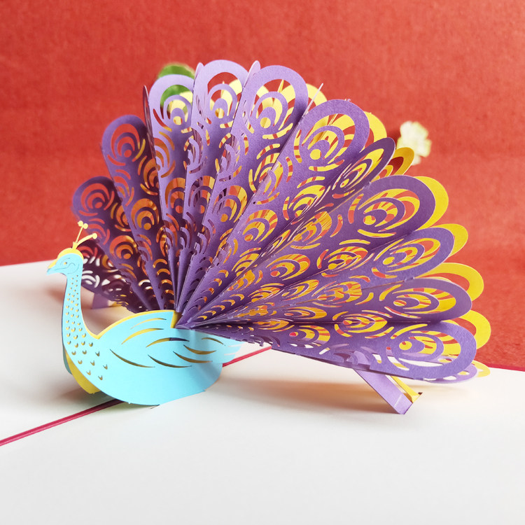 儿童节3d立体贺卡 孔雀开屏元旦创意手工镂空纸雕国庆节生日卡片