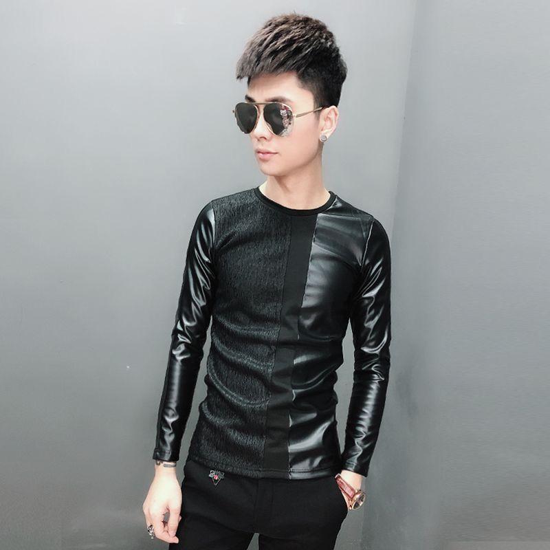 皮衣服长袖t恤T加绒加厚男打底T恤