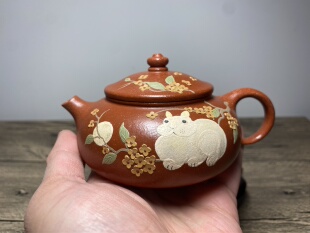 孙氏制陶艺兴正品紫砂壶 原矿朱泥 寒江160毫升 全手工泥绘 精致