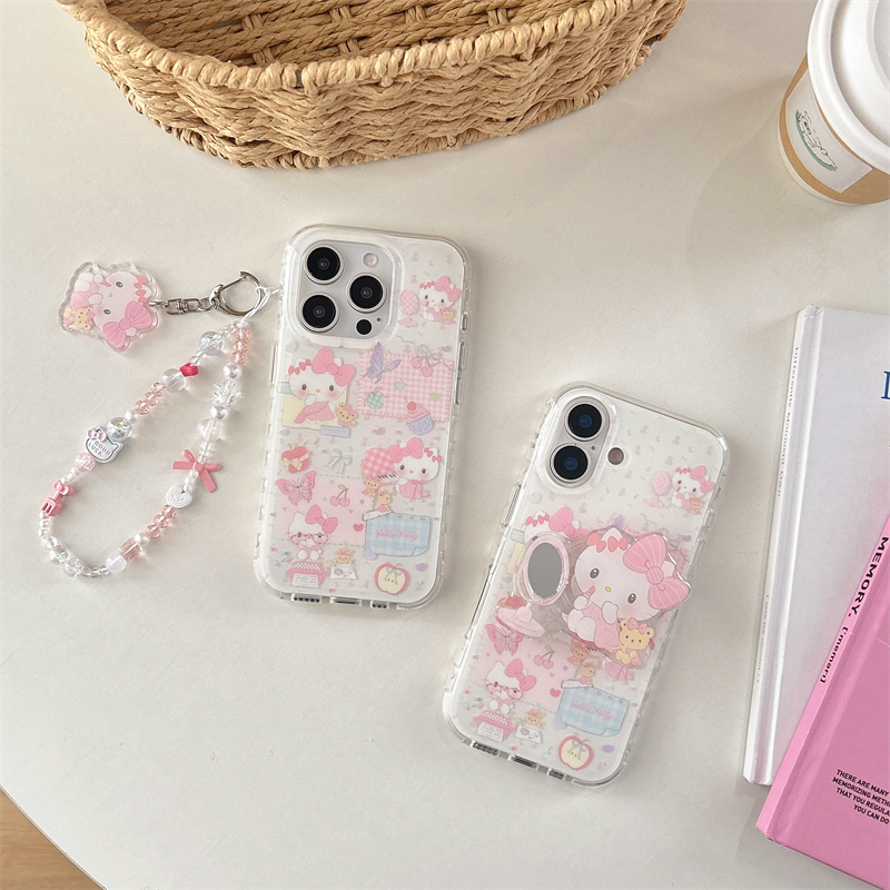 韩系ins甜美少女可爱kt猫苹果13适用手机壳iphone16promax新款化妆镜支架15pro双层14p带链条全包保护套软壳