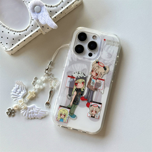 时髦小众ins波点动漫可爱y2k女孩适用苹果13pro卡通手机壳16promax新款 iphone17pro带链条15双层14保护套个性