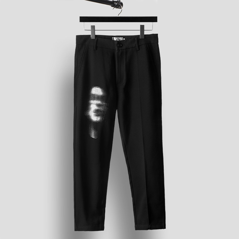 原创潮男春秋季暗黑系个性创意抽象撞色印花休闲直筒九分裤男西裤