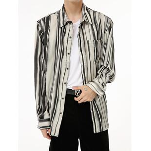 秋季新款小众街头美式慵懒风晕染艺术感薄款黑灰色长袖衬衫男上衣