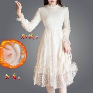 胖MM冬裙 新款 加绒加厚蕾丝连衣裙修身 显瘦收腰保暧打底裙2024冬季
