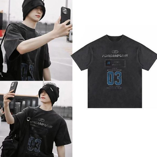 逆爱梓渝同款美式复古做旧水洗潮牌印花纯棉宽松男女短袖T恤衫潮