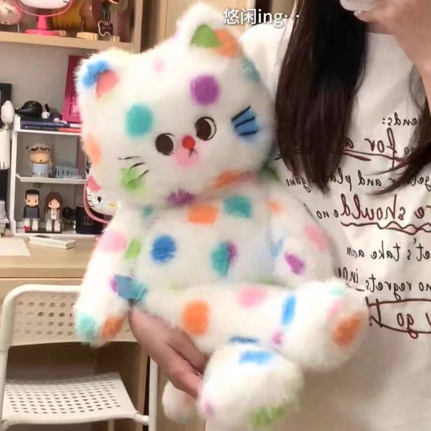 可爱甜心猫白色波点猫玩偶猫咪公仔睡觉抱枕女生毛绒娃娃生日礼物