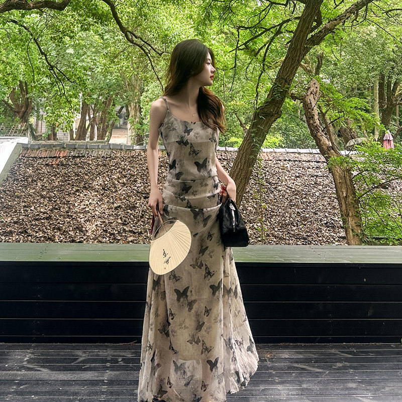 thumbnail for Cold ink butterfly floral camisole dress women's 2026 summer new French chic and beautiful temperament long skirt