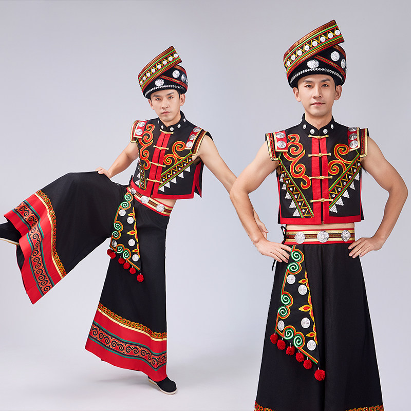 少数民族服装男士苗族瑶族侗族舞蹈服土家族彝族壮族演出服民族服 - 实物图