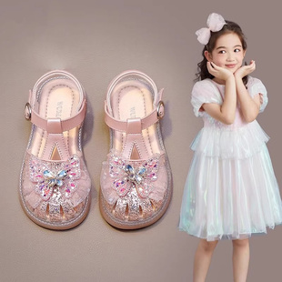 真皮女童爱莎公主凉鞋2026新款夏季女孩软底儿童蝴蝶包头水晶凉鞋