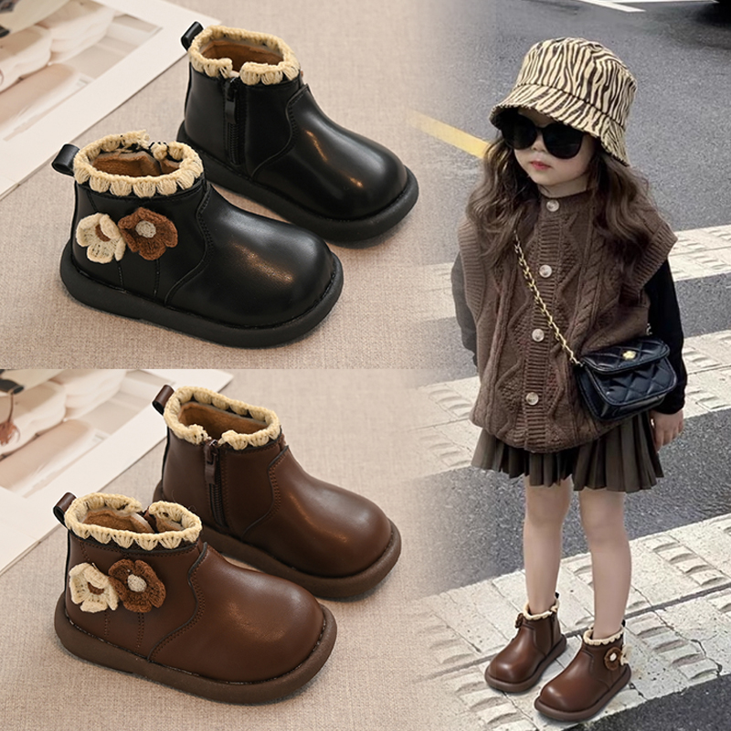 真皮宝宝加绒软底短靴
