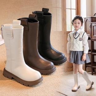 真皮儿童长筒靴2025秋冬新款时尚白色公主皮靴加绒大童女童高筒靴