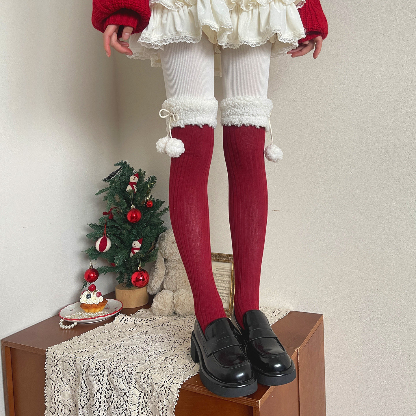 袜贵人新年圣诞红羊羔毛球大红色韩系洛丽塔软妹少女过膝长筒袜女,女士内衣/男士内衣/家居服,长筒袜,淘宝优惠券,粉丝福利购,淘宝优惠卷