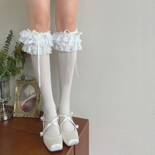 袜贵人奶油风蕾丝多层花边蝴蝶结薄款天鹅绒少女洛丽塔中筒小腿袜