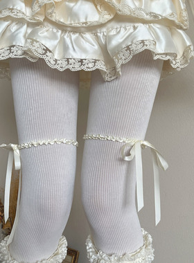 袜贵人秋冬新品doll感绸缎蝴蝶结花边少女洛丽塔基础白色细条裤袜