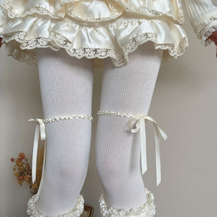 袜贵人秋冬新品 袜 doll感绸缎蝴蝶结花边少女洛丽塔基础白色细条裤