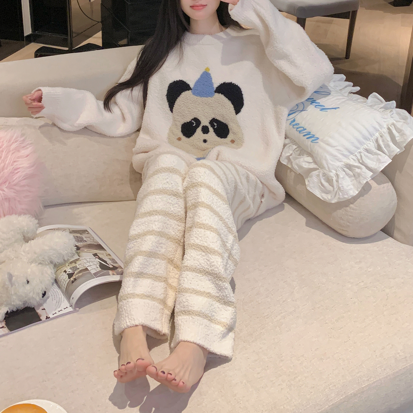 熊猫睡衣女冬软绵绵半边绒