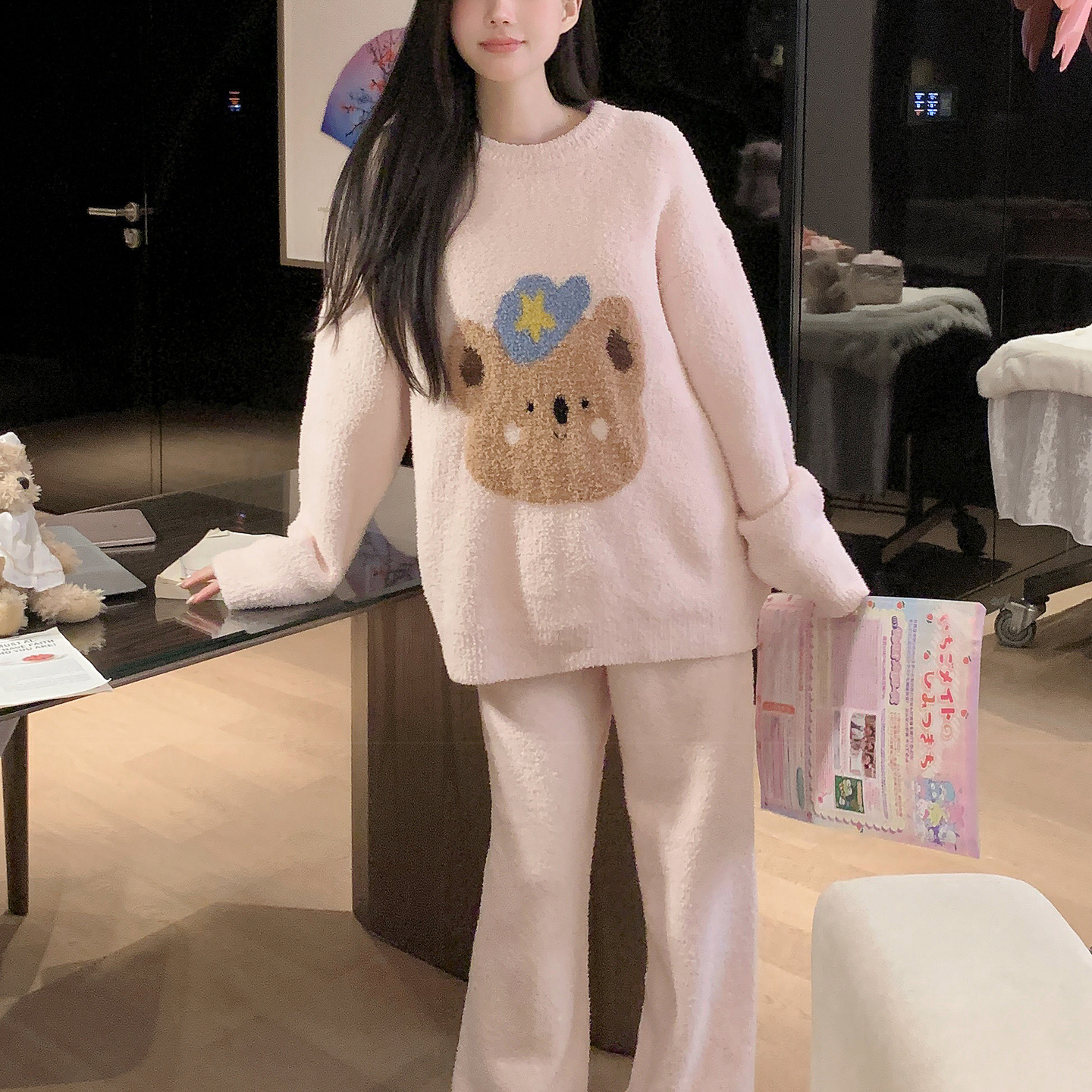 粉色卡通可爱小熊睡衣女冬