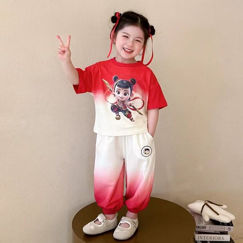 哪吒套装女童夏装洋气2025新款儿童短袖防蚊裤运动服网红两件套潮