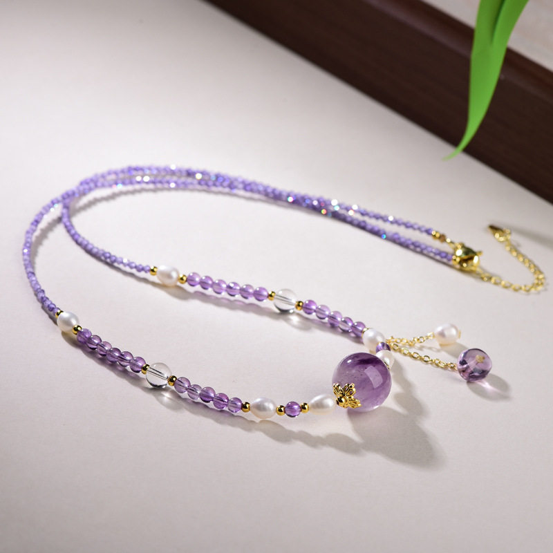 天然紫水晶锁骨链珍珠小米珠紫色串珠项链轻奢百搭转运珠气质首饰