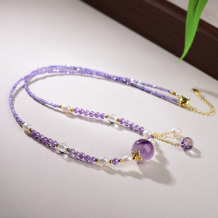 天然紫水晶锁骨链珍珠小米珠紫色串珠项链轻奢百搭转运珠气质首饰