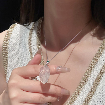 天然玉髓新中式高透荔枝冻金枝玉叶吊坠女纯银项链叶子女友送礼物