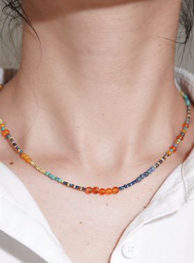 山居秋暝天然石黄玉绿松石项链女文艺复古民族风轻奢高级感锁骨链